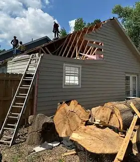 Fallen tree cut up beside a house with roof framing exposed